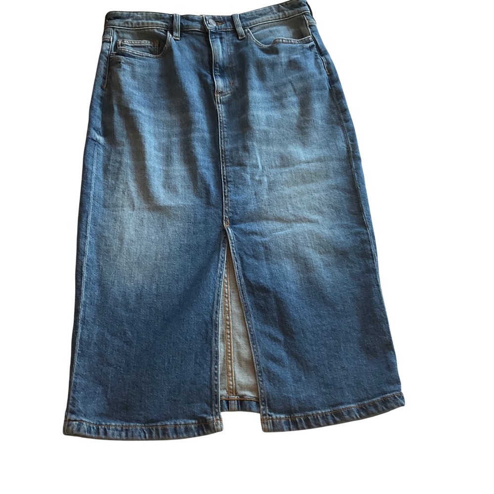 Lands End Womens Denim Skirt Midi Length Front Slit Size 10